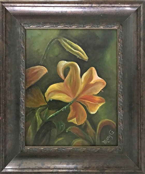 Yellow Lily Flower Art Gift for mother.  Original Art Work Framed