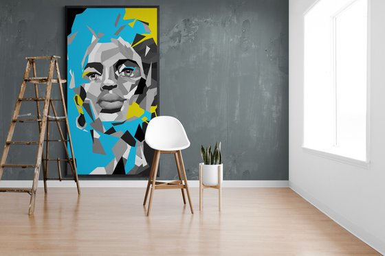 Super Big XXL Painting - "Blue&Yellow mood" - Pop Art - Bright - Neon Art - Portrait - Girl - Geometric painting