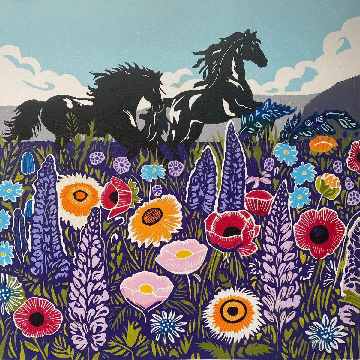 Impressionistic Landscape Linocut By Joanne Spencer, 12 X 12, Wildflowers And Wild Horses, Original Artwork