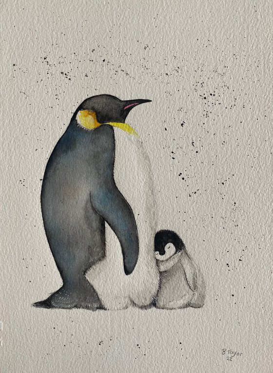 Penguin with chick watercolour