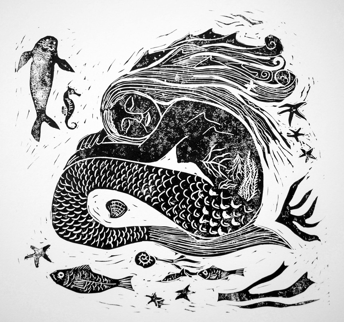 Illustrative Animal Linocut By Victoria Lucy Williams, 12 X 12", Sleeping Siren Linocut Print, Original Artwork