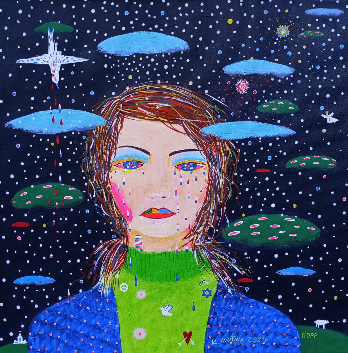 Impressionistic Portrait Acrylic Painting By Katrina Avotina, 16 X 16", Echoes Of The Cosmic Soul, Original Artwork