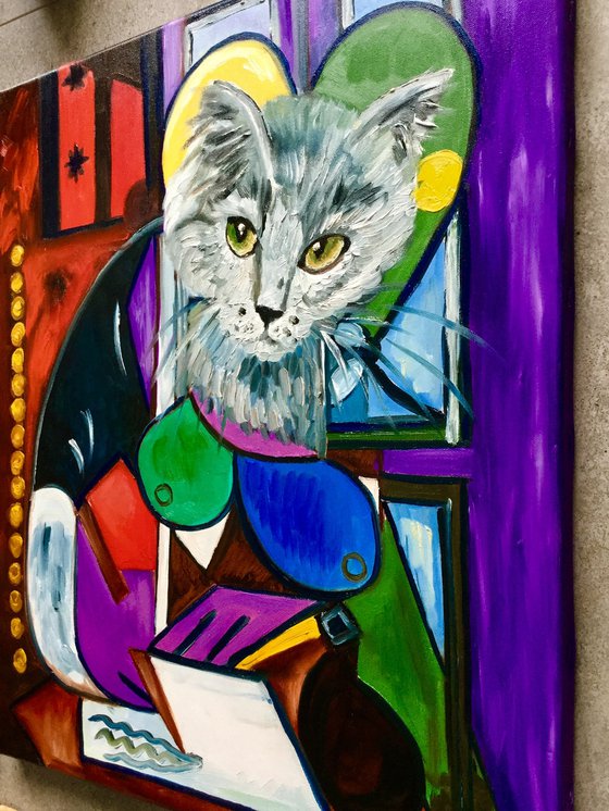 Cat writing a letter, version of Picasso painting FOR CAT LOVERS GIFT IDEA