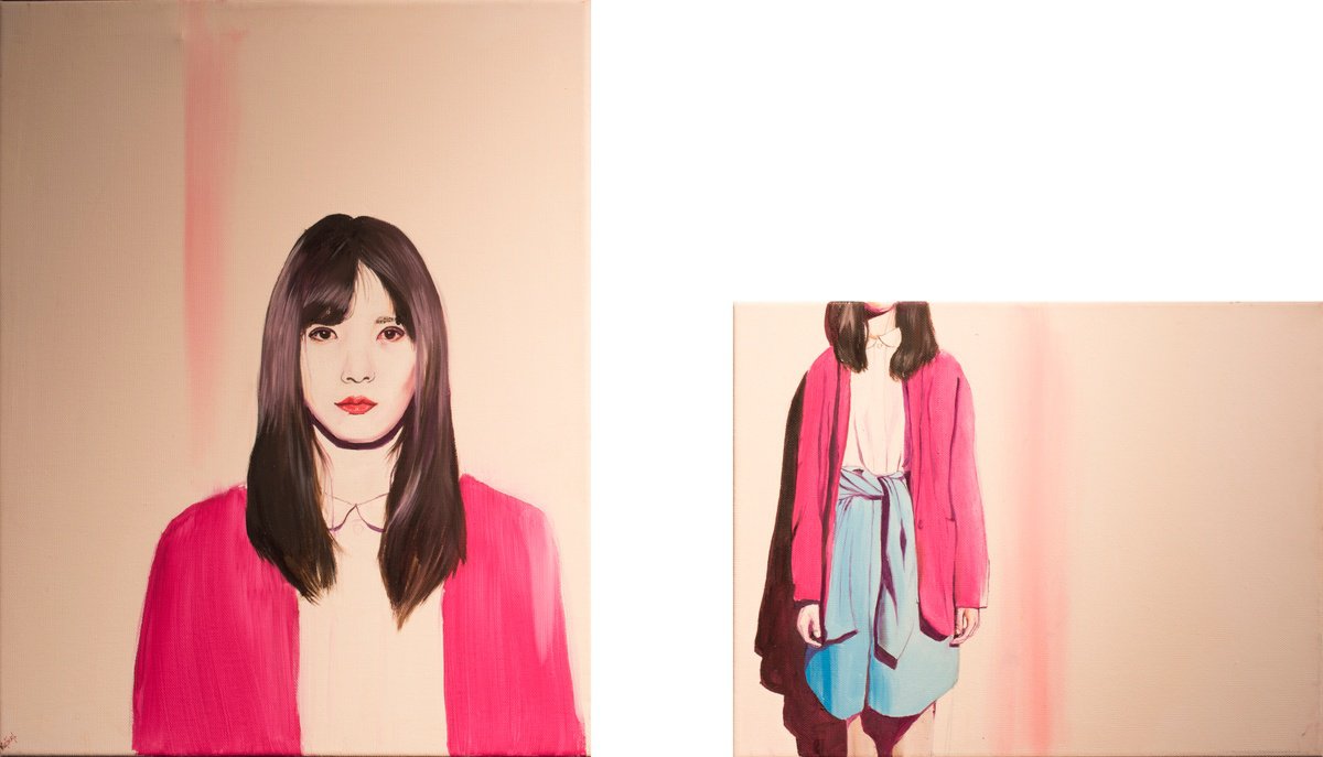 Urban And Pop Portrait Oil Painting By Kujbus Janos, 31 X 20", Twins, Original Artwork