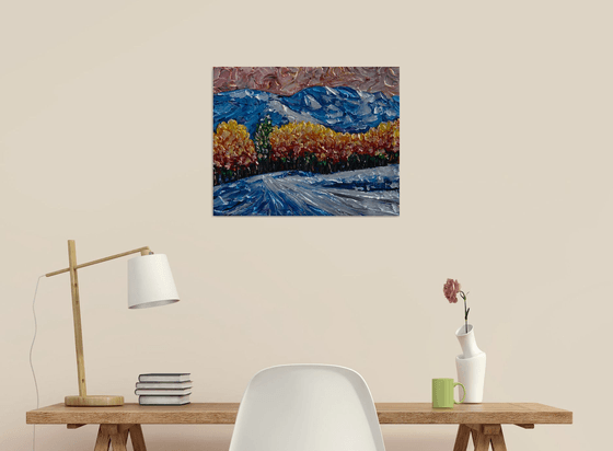Winter Scene with Snow capped Peaks and Yellow Aspen Trees in Colorado 20" x 16" x 1.5"