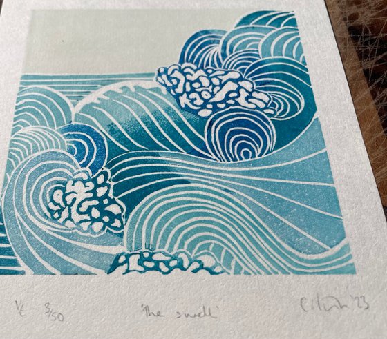 The swell  - Waves Linocut Print - Mini Print