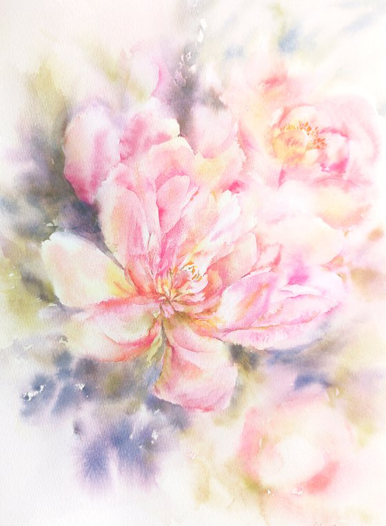 Watercolor floral painting, diptych "June peonies"