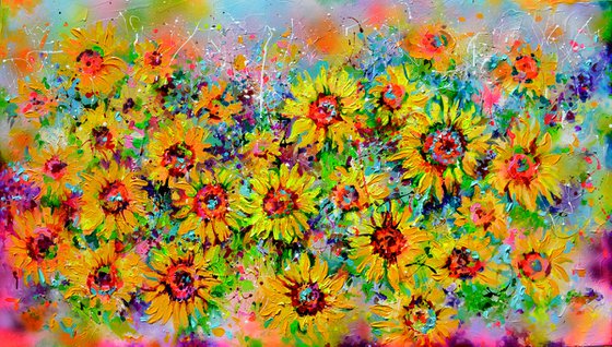 I've Dreamed 15 - Yellow Sunflowers, 140x80x4 cm, Palette Knife Modern Ready to Hang Floral Painting
