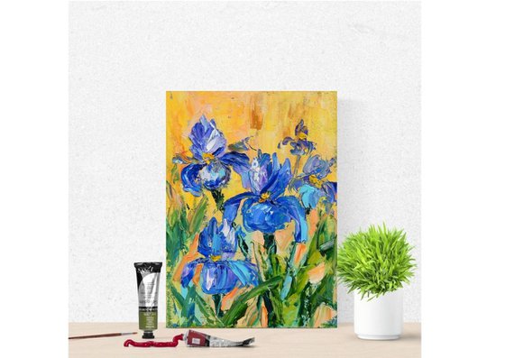 Irises, flowers. Impasto oil painting. Palette knife, heavy textured art