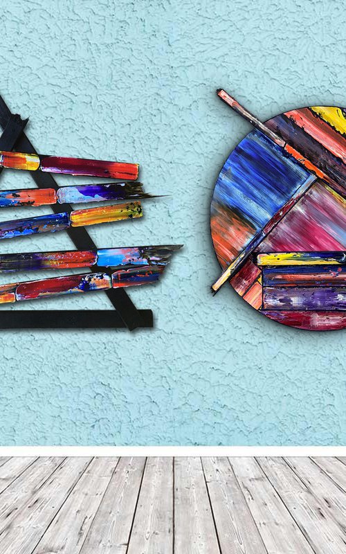 "Shape Up or Ship Out" - Save As A Series - Original PMS Sculptural Oil Painting Assemblage Diptych On Broken Wooden Pieces and Circular Wooden Panel - 63 x 28 inches by Preston M. Smith (PMS)