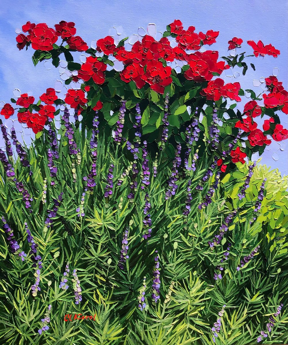 Photorealistic Botanical Oil Painting By Ulyana Korol, 21 X 26", Roses And Lavender, Original Artwork
