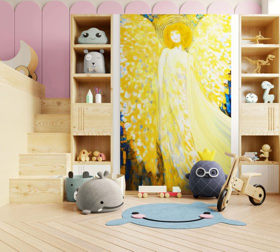 Sunny Angel. Huge 200 x 120 cm artwork. Magical radiance of the soul. Bright futuristic fantasy fabulous esoteric surreal mystery harmonious golden yellow art. Meditation relaxation pray aura grace Large format wall art on canvas