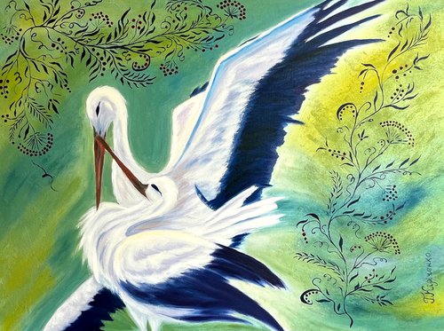 Storks Painting Birds Original Art Animal Oil Artwork Canvas Wall Art 32 by 24" by Halyna Kirichenko by Halyna Kirichenko