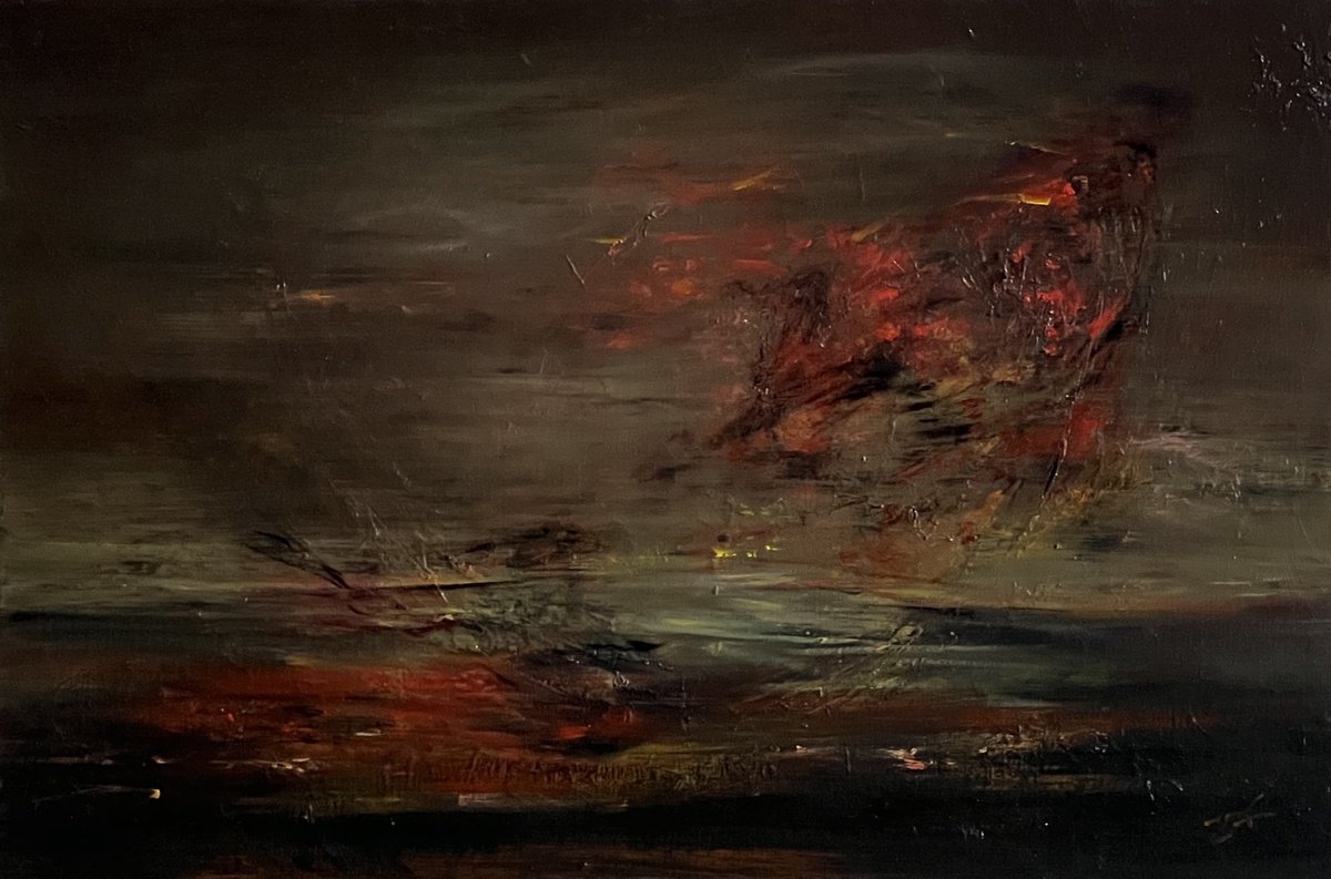 Abstract Oil Painting By Maxence Ma, 32 X 21", Flaming With Butterfly, Original Artwork