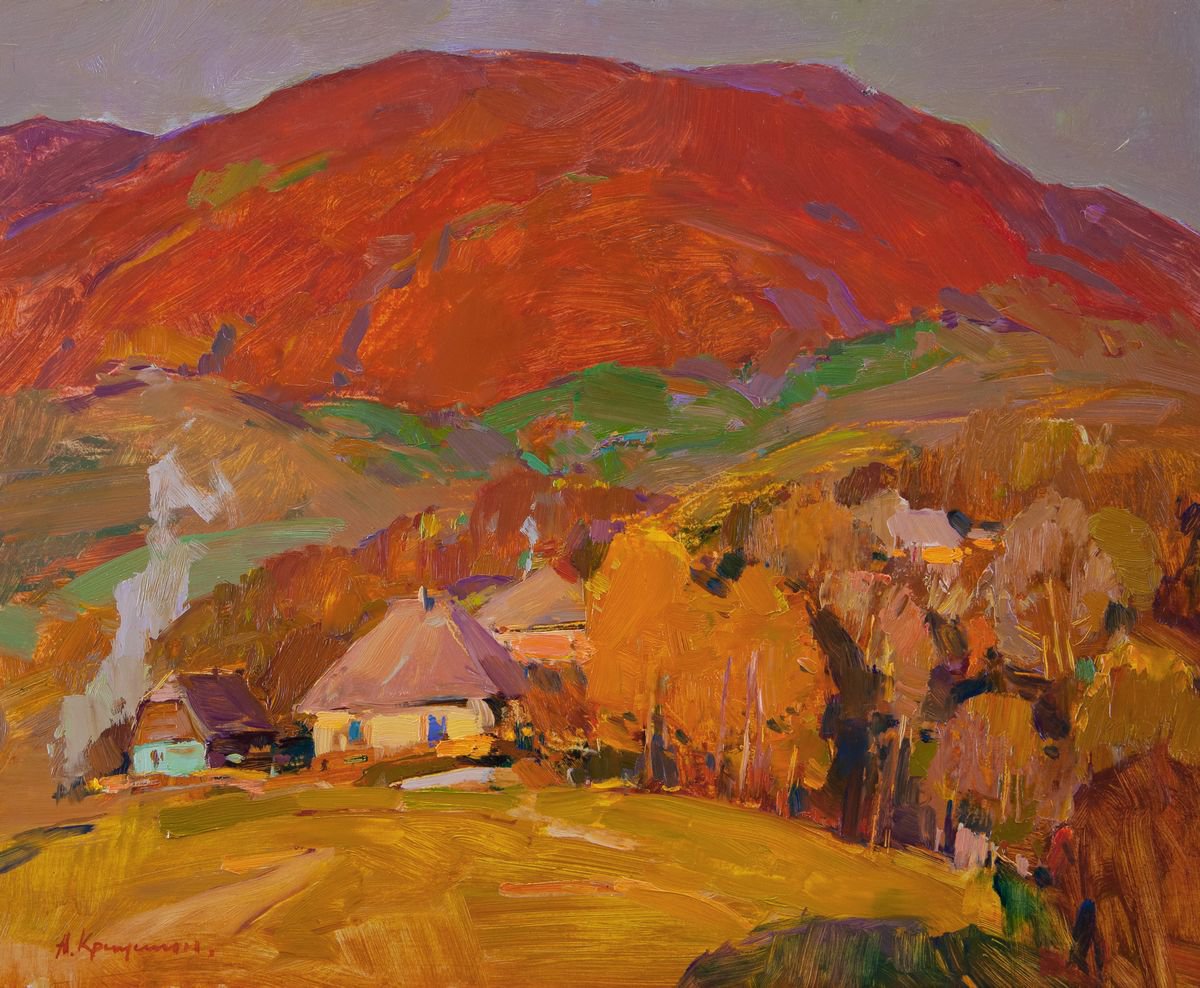 Impressionistic Landscape Oil Painting By Aleksandr Kryushyn, 23 X 19, Red Mountains, Original Artwork