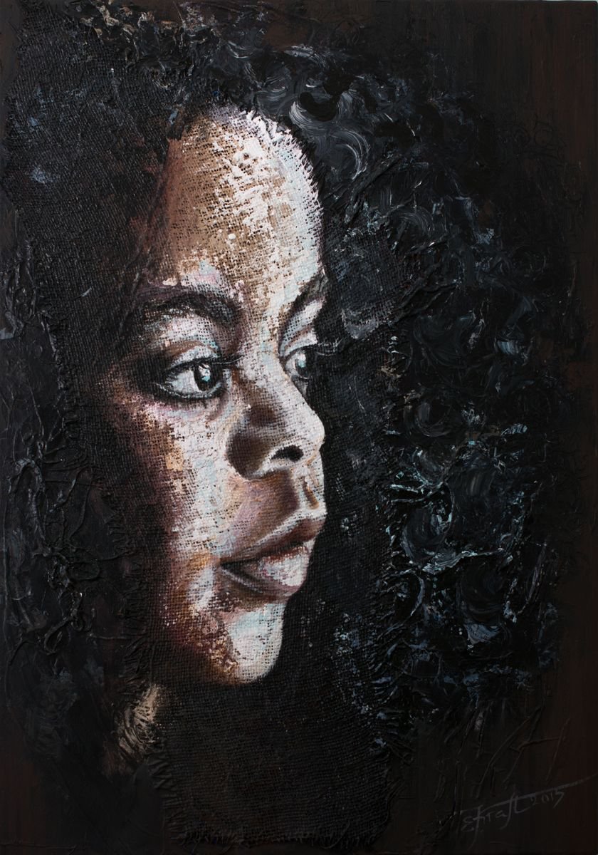 Naomi,Original acrylic painting on canvas and sack,large format 70x100x2cm by Elena Kraft