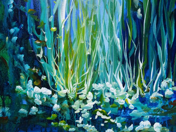 Floral Landscape Painting Abstract Flowers Forest Pond Water Reflection. Large Blue Contemporary Painting Modern Impressionistic Art