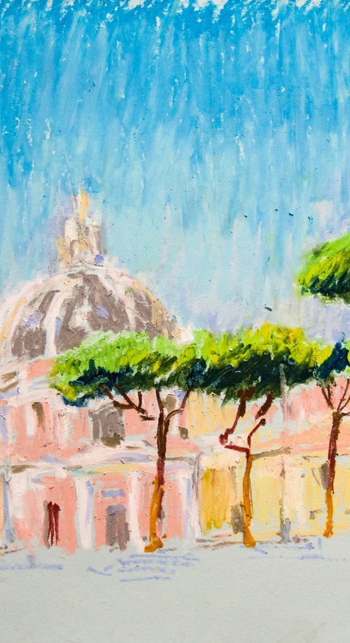 Rome. Dreams about Italy series. Oil pastel painting. Small painting italy black bright light night interior decor gift by Sasha Romm