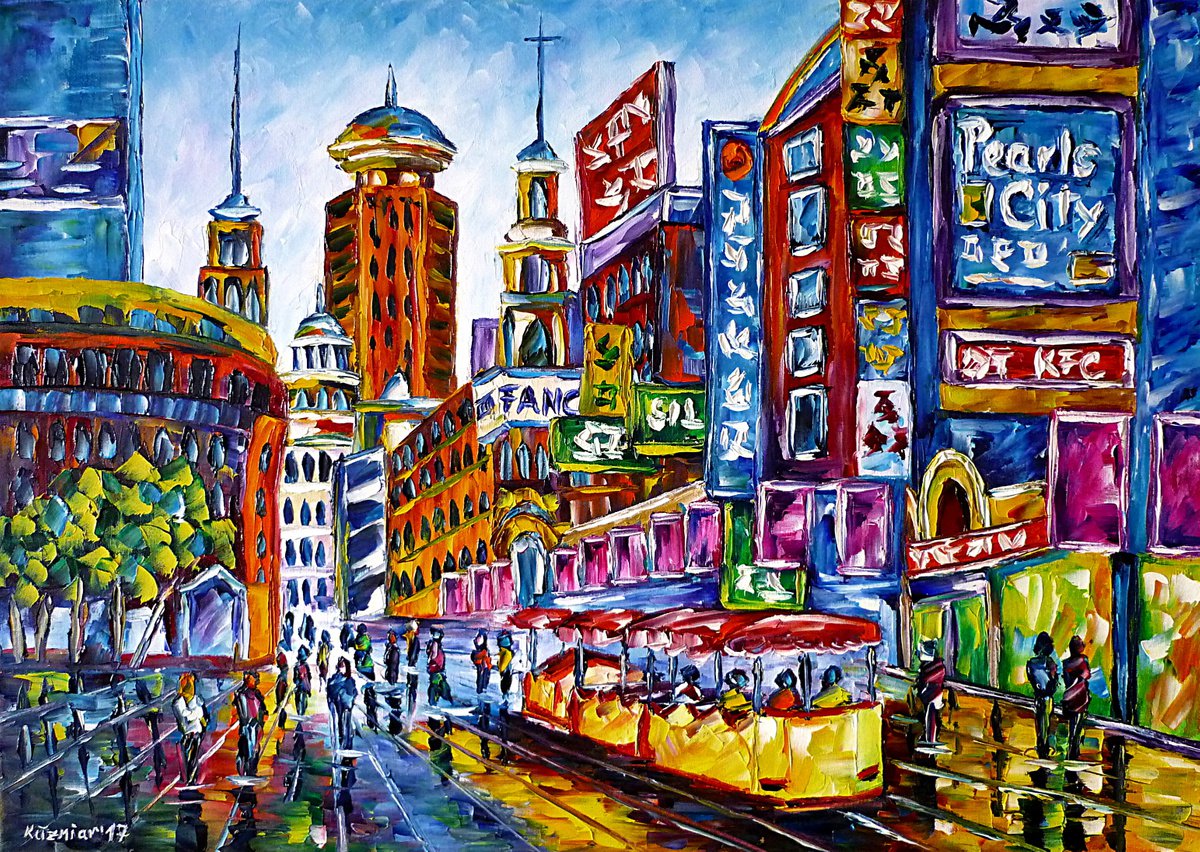 Expressive Cityscapes Oil Painting By Mirek Kuzniar, 28 X 20", Shanghai, Original Artwork