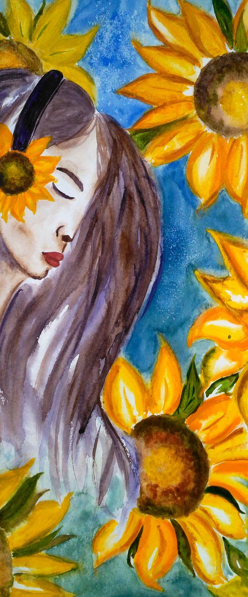 Woman with sunflowers. I close my eyes to see. by Halyna Kirichenko