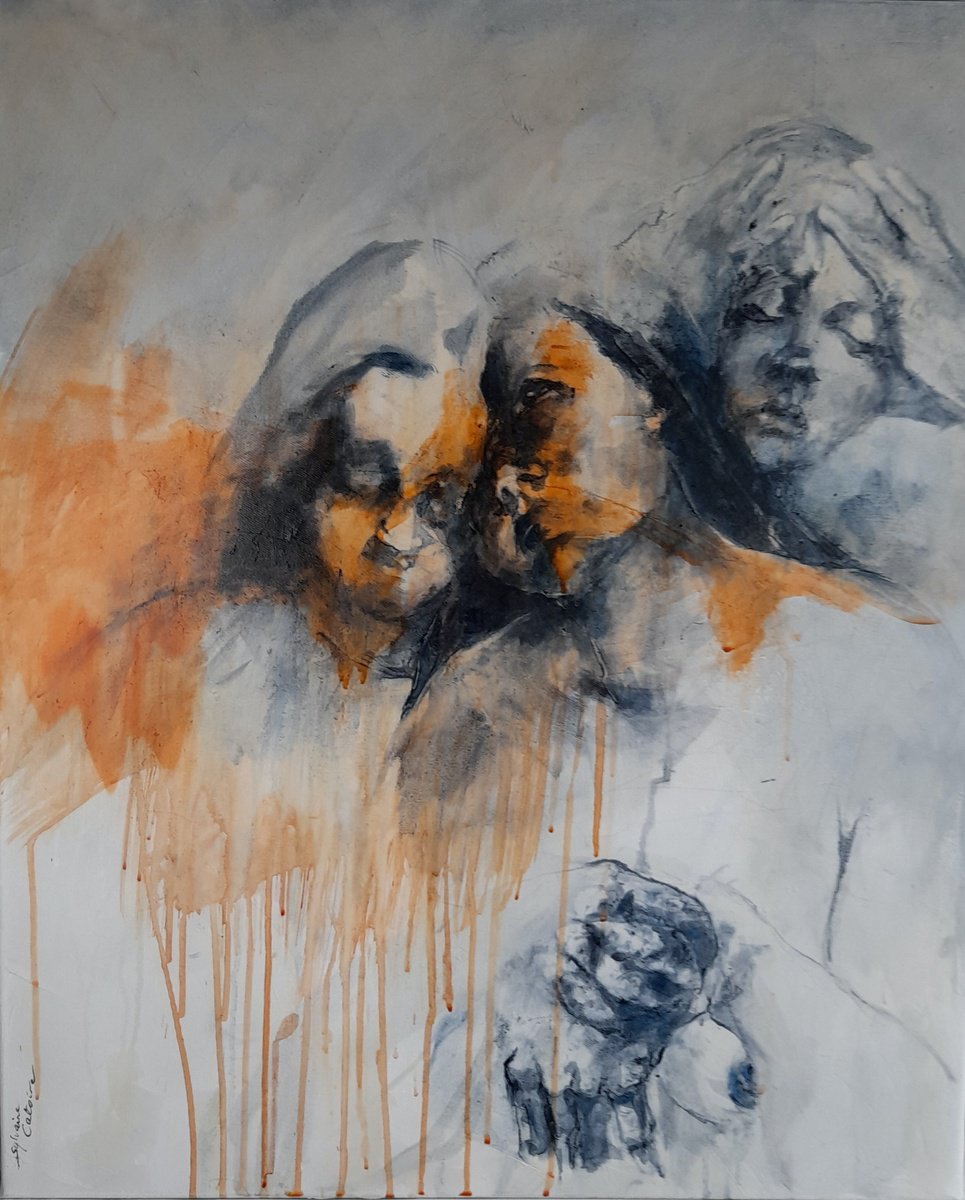 Impressionistic Portrait Oil Painting By Sylvaine Catoire, 24 X 28", La Discrete Connivence, Original Artwork