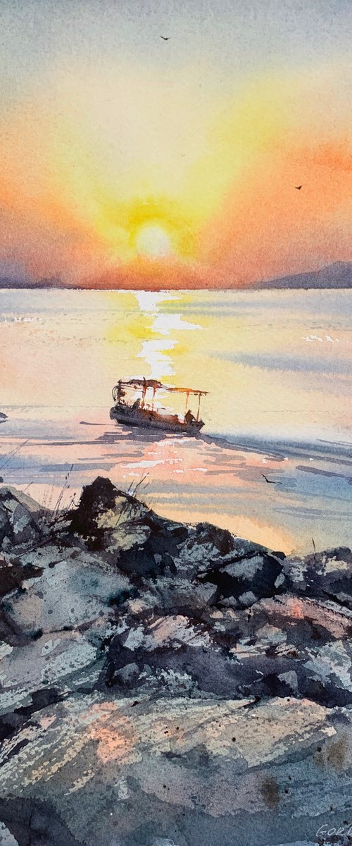Sunset on the sea, Fishermen by Eugenia Gorbacheva