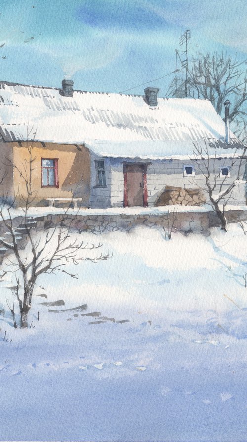 Snow Art Original Watercolor, Winter Landscape painting by Samira Yanushkova