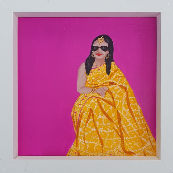 Original POP Art - Yellow saree bride look Indian painting, Modern Asian painting