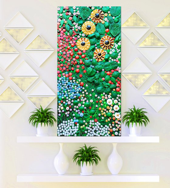 COLORFUL SUMMER GARDEN. Amber mosaic botanical floral abstract landscape