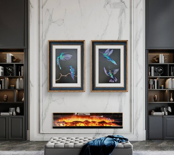 Colibri Flowers Diptych Pastel