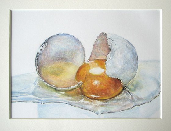 Drawing of egg in coloured pencils on paper.