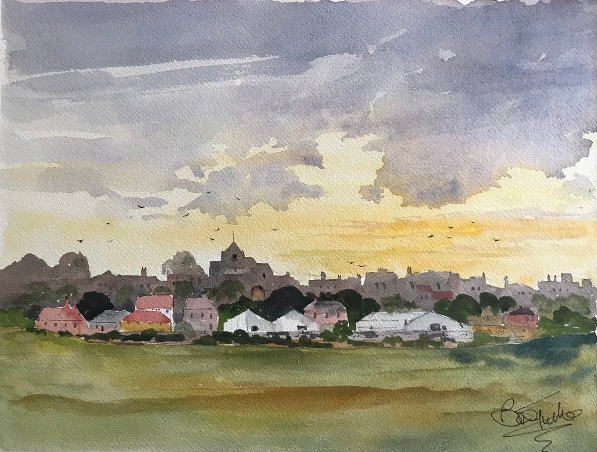 Expressive Landscape Watercolour By Brian Tucker, 14 X 10, Sunset At Rye, Original Artwork