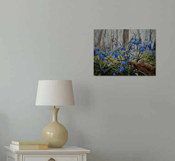 Blue Flowers Woods Art, Hyper Realistic Painting