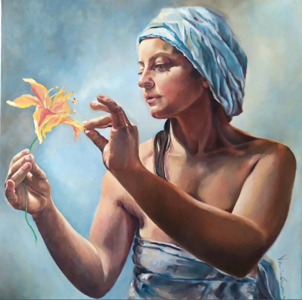 Photorealistic Portrait Oil Painting By Veronica Ciccarese, 20 X 20", The Pistil, Original Artwork