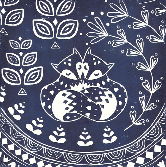 Daniel and Rosie Fox in midnight blue, limited edition scandinavian folk art, linocut print