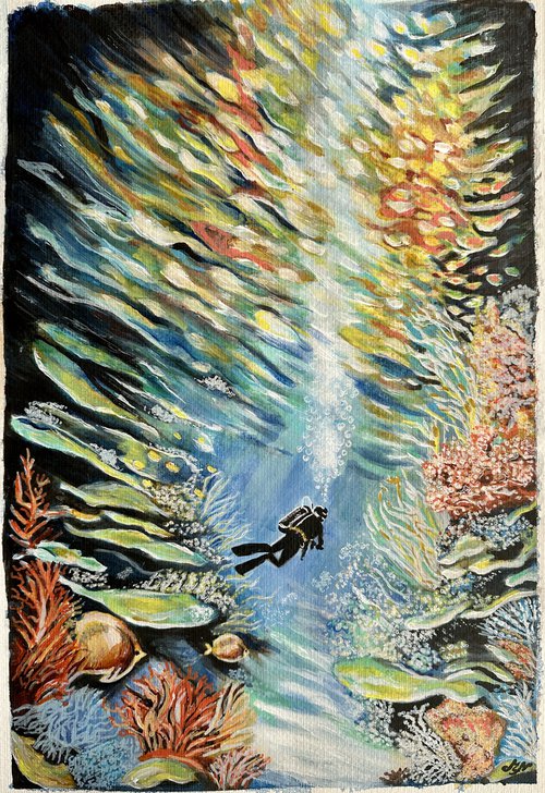 A Scuba Diver and Coral Reef by Misty Lady - M. Nierobisz