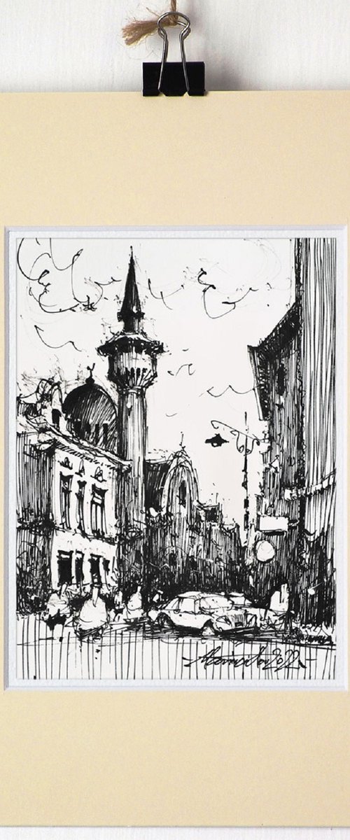 Original urban city ink drawing, Urban sketching, ink on paper, 2022 by Marin Victor