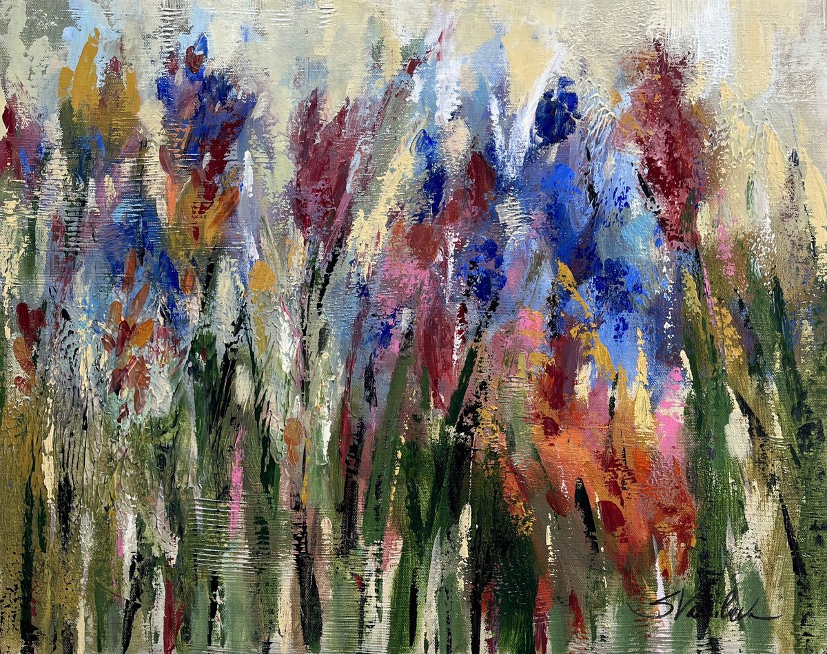 Impressionistic Botanical Acrylic Painting By Silvia Vassileva, 19 X 15", Impressionistic Garden, Original Artwork