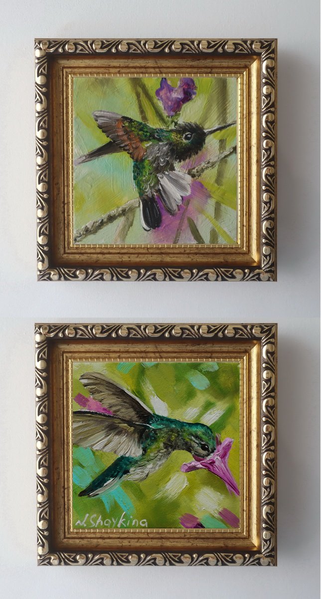 Hummingbird And Purple Flower, Set 2 By Natalia Shaykina, 5 X 5, Artwork For Sale On Artfinder