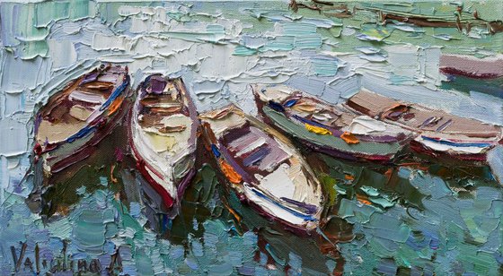 Moored rowing boats - Original oil seascape painting