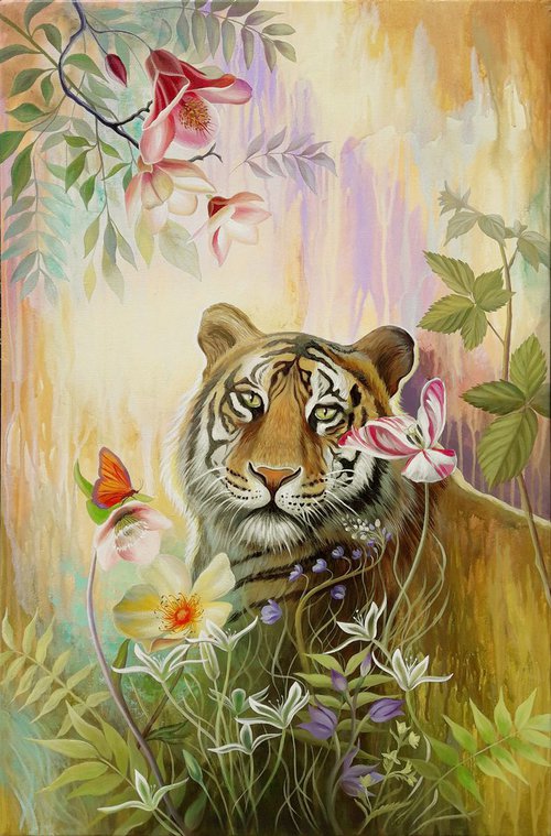 "Confluence with nature", tiger painting, animal art, floral painting by Anna Steshenko