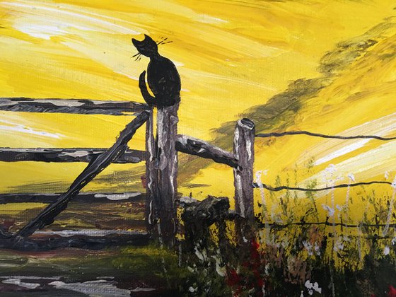 A Cat on a gate on a large canvas