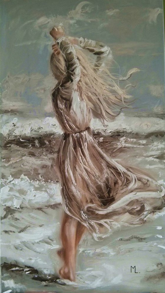 " DANCING WITH THE WIND ... "- SEA SAND liGHt  ORIGINAL OIL PAINTING, GIFT, PALETTE KNIFE
