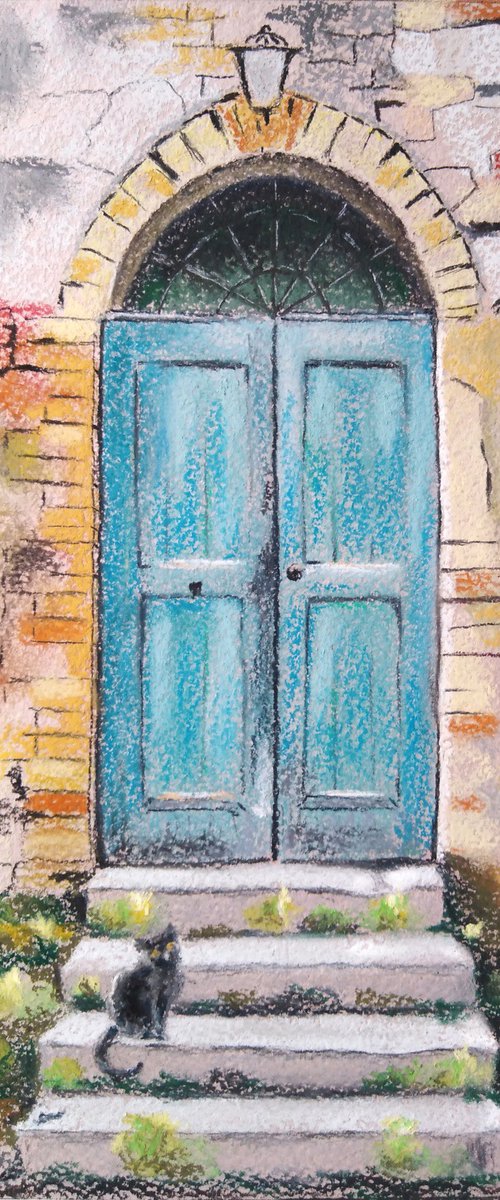 A cat at an old turquoise door by Liubov Samoilova