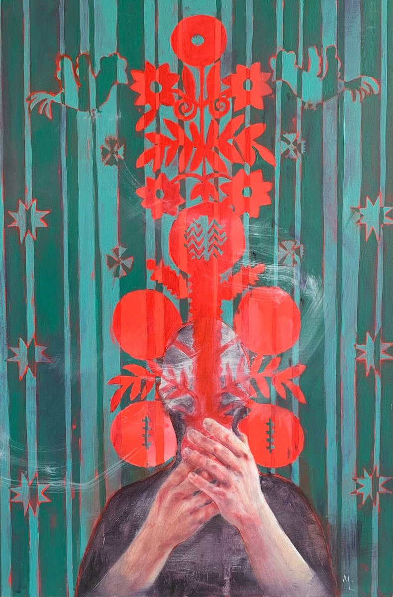 Hands are depicted with a folk ornament on a background with a green tint. by Alina Lobanova