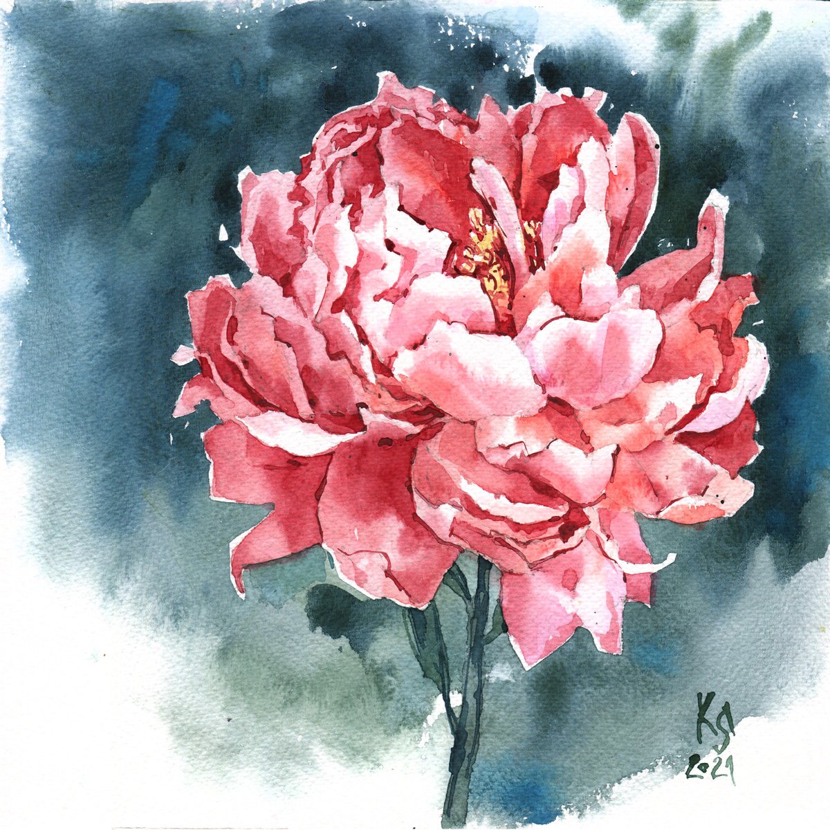 Impressionistic Botanical Watercolour By Ksenia Selianko, 9 X 9", Bright Red Coral Peony, Original Artwork
