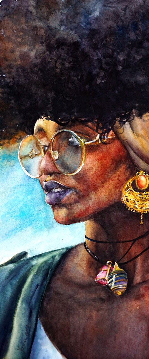 ORIGINAL Watercolor Portrait of Beautiful Woman - African American Art by Yana Shvets