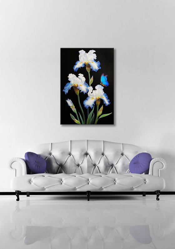 "Blue elegance", irises with butterfly