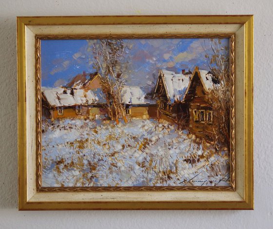 Landscape  Winter Original oil painting  Handmade artwork Framed Ready to Hang One of a kind