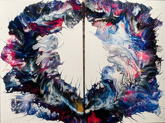 Blue abstract diptych purple blue flowers fluid painting for decoration of office gift for best friend